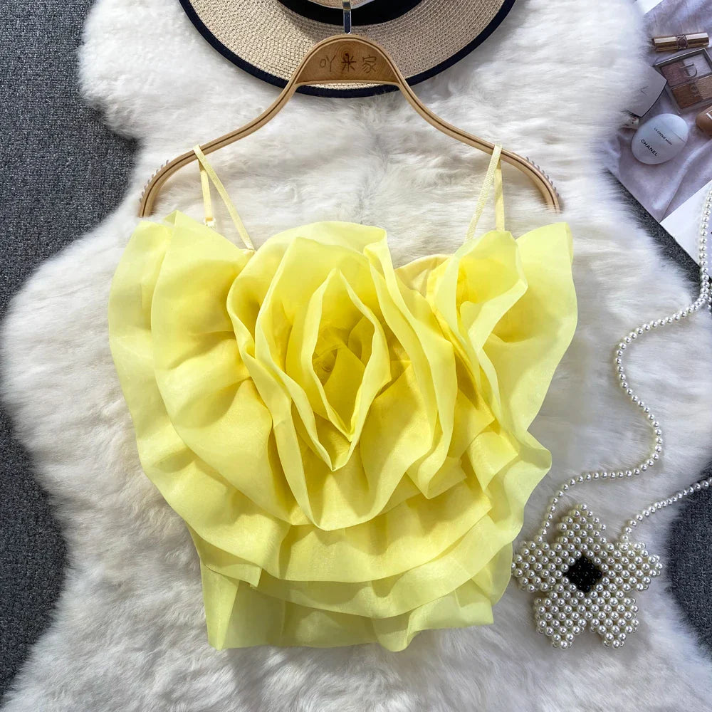 Chic Vintage Backless Corset Bustier Three-dimensional Flower Tank Top Korean Fashion Summer Beach Women Sling Crop Top