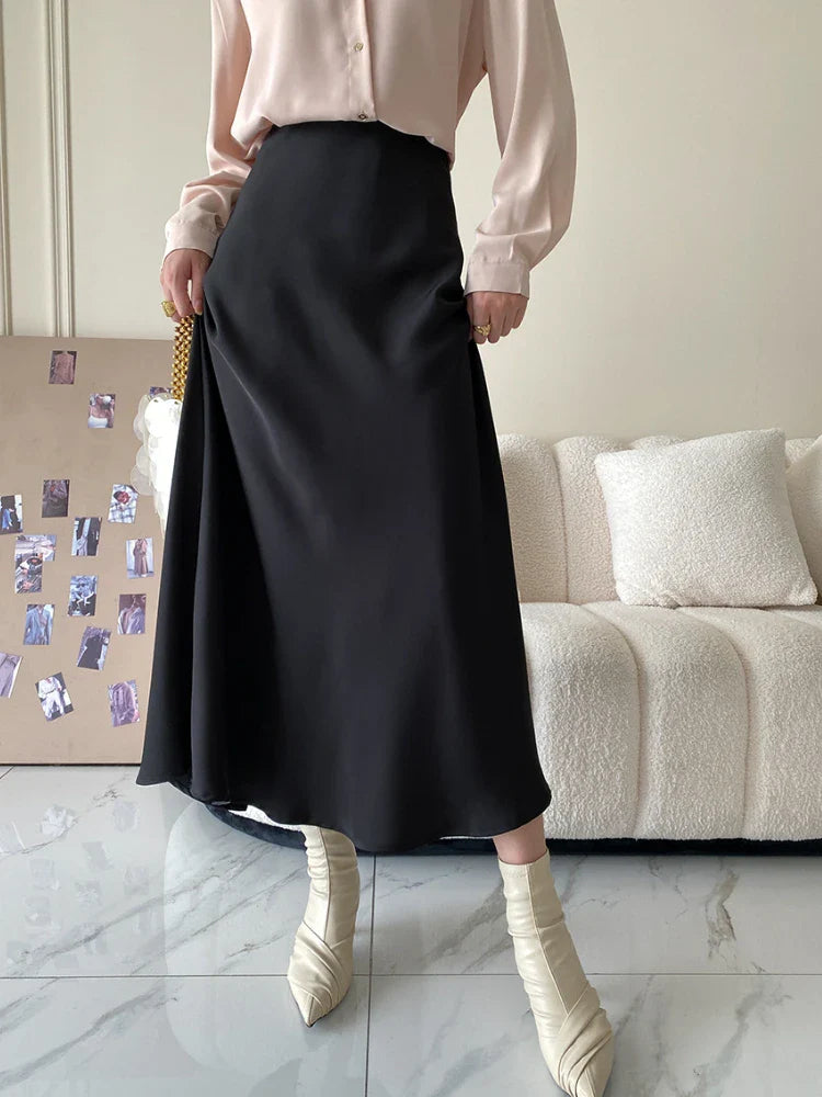 High Waisted Satin Long Skirts for Women Spring/Summer New Women's Skirt A-line Fashion Elegant Slim Fit Grey Black Skirt