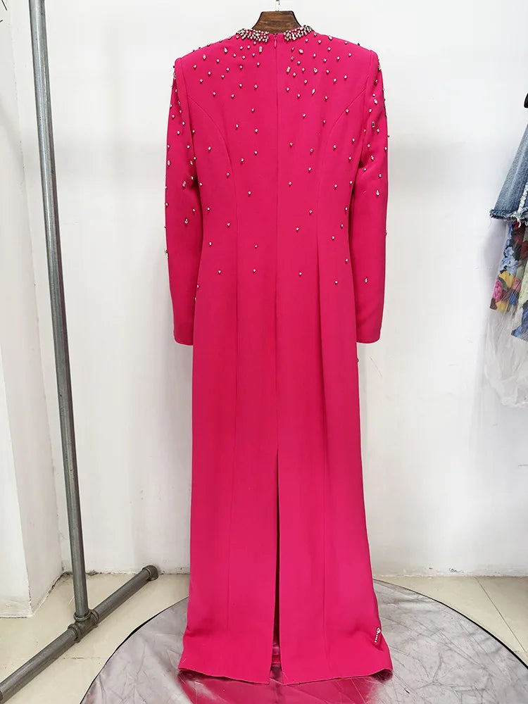 TWOTWINSTYLE Solid Slimming Spliced Bead Luxurious Dresses for Women Square Neck Long Sleeves Patchwork Split Dress Femlae New