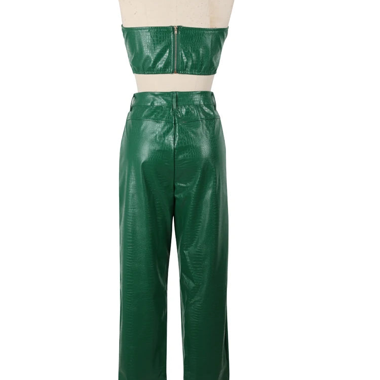 Women's Green Corset Cut-Out Cargo Metallic Jumpsuits PU Leather Matching Set Sexy Clubwear 2 Piece Outfits