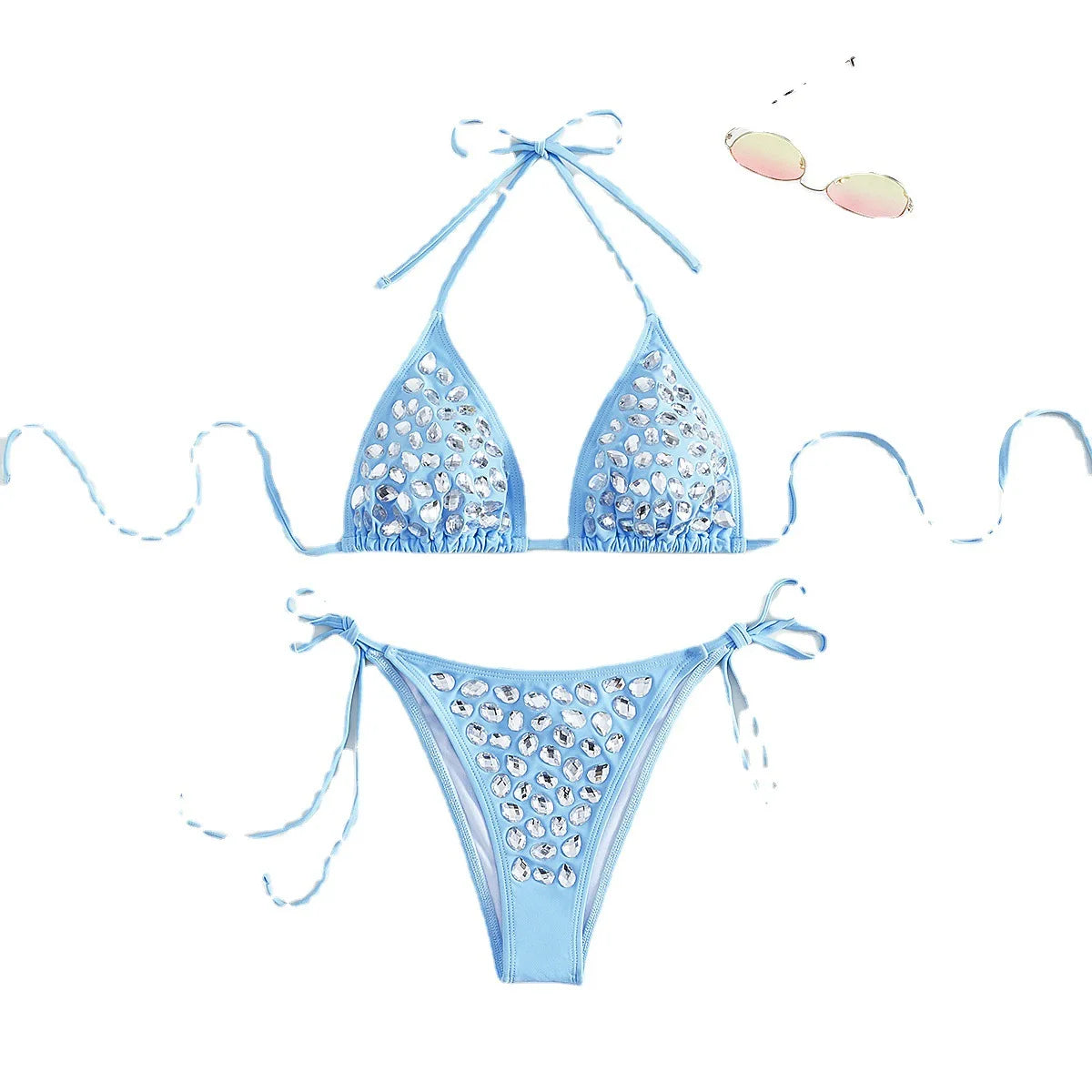 Women Big Diamond Swimsuit Ladies Triangle Push Up Wrap Rhinestone Sexy Swimwear Split Bikini Sky Blue Bathing Suit Set SKT-B-1