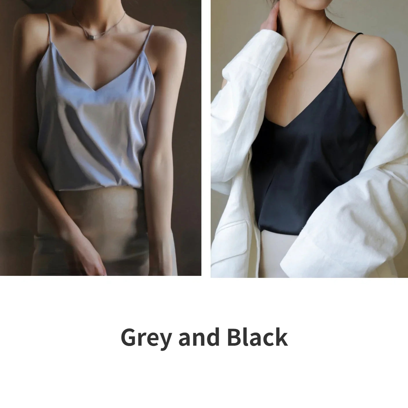 Grey Camisoles for Women Acetate SATIN Loose Summer Spaghetti Strap Tank Top Solid V-neck Fashion Sexy Backless Tanks & Camis Grey and Black