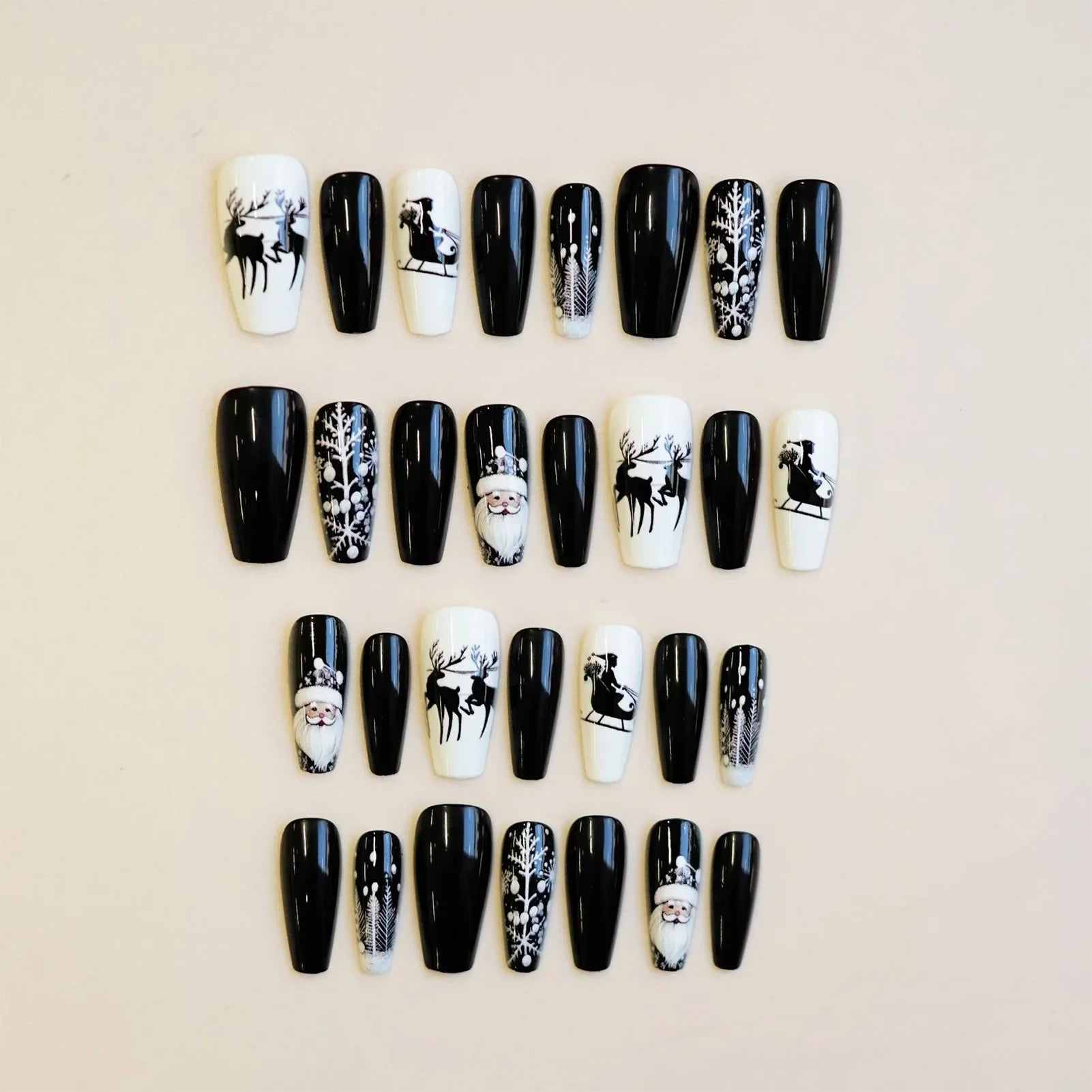 24Pcs Black/White False Nails Medium Length Coffin Christmas Nails Press On Full Cover Acrylic False Nails Santas/Deer Printed