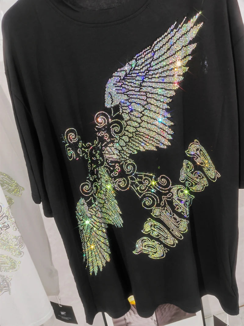 Rhinestone Eagle Luxury Big Size T Shirt Cotton 150KG Plus Size Women Men Brand T-shirt Summer Loose Fit Black Women's Clothing