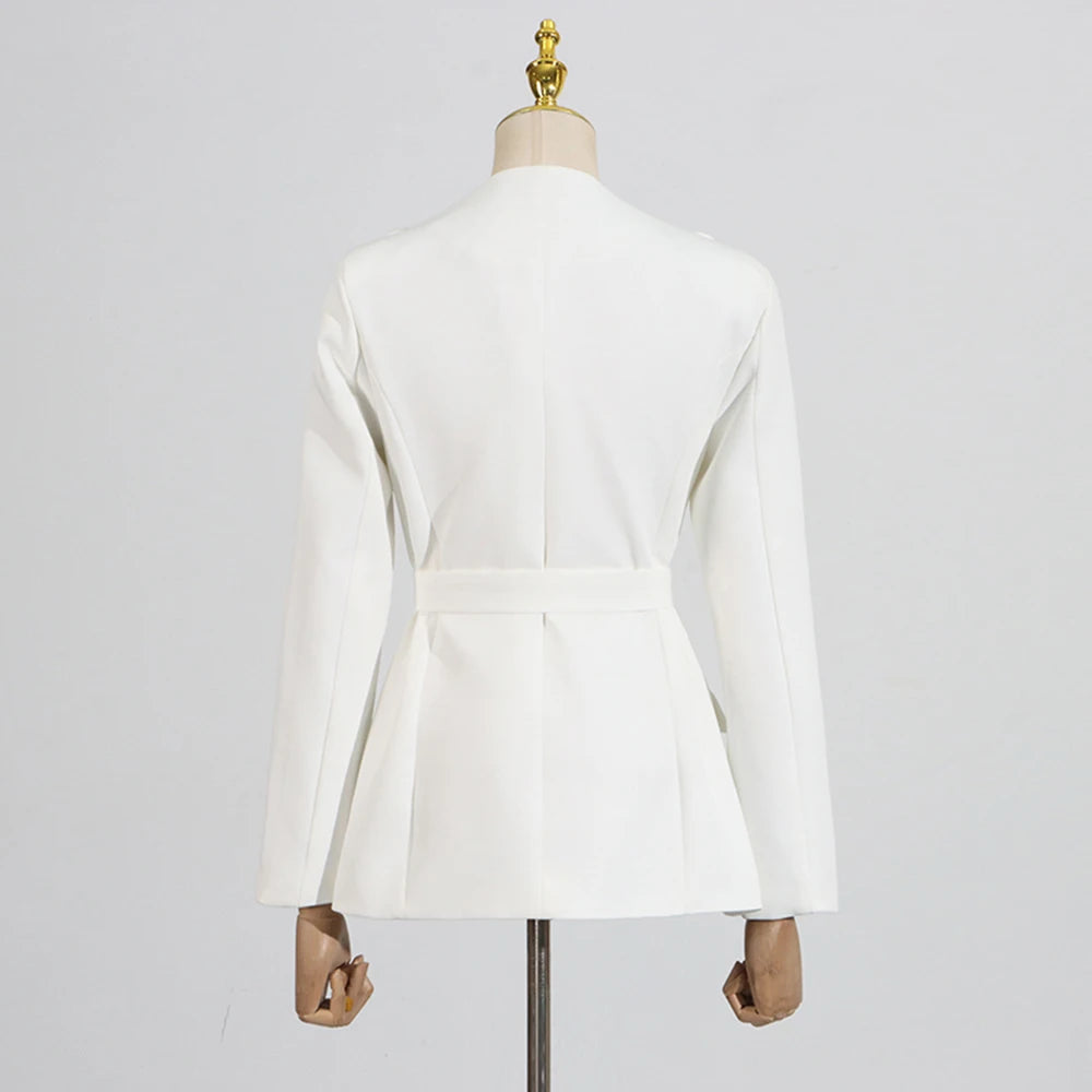 TWOTWINSTYLE Solid Spliced Appliques Two Piece Sets for Women V Neck Long Sleeve Patchwork Pocket Top High Waist Pant Set Female