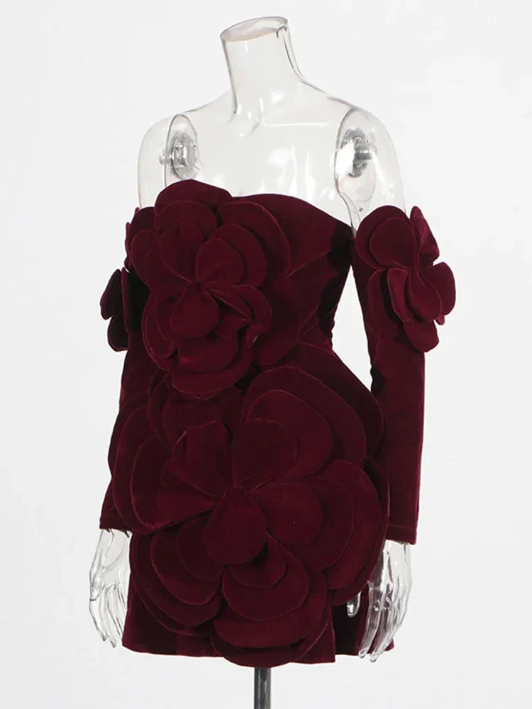 Solid Slimming Temperament Mini Dresses for Women Strapless Sleeveless Patchwork 3D Flowers Dress Female Clothing