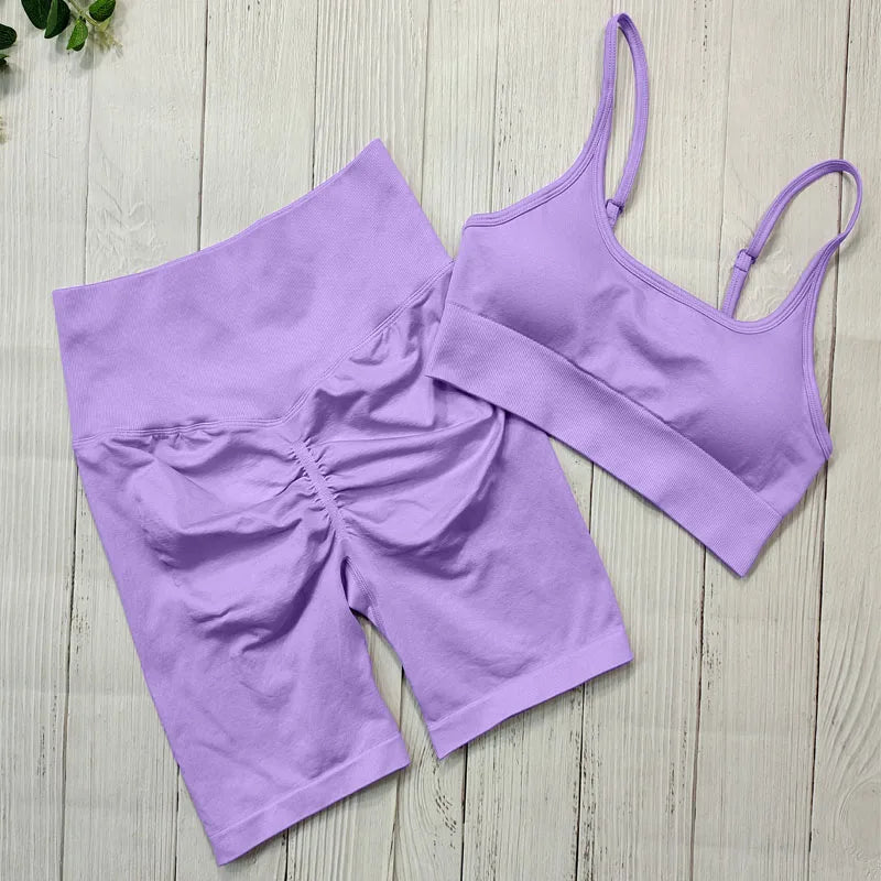 Yoga Sets Short Seamless SportsWear Women Sport Fitness Suit Sport Outfit For Woman Gym Clothing Workout Clothes Athletic Wear Light Purple Set