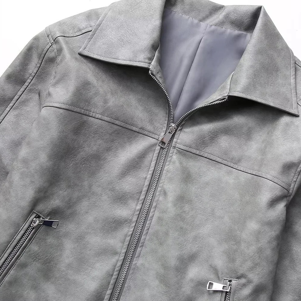 Casual Polo Collar Wash Imitation Leather Jacket Coat