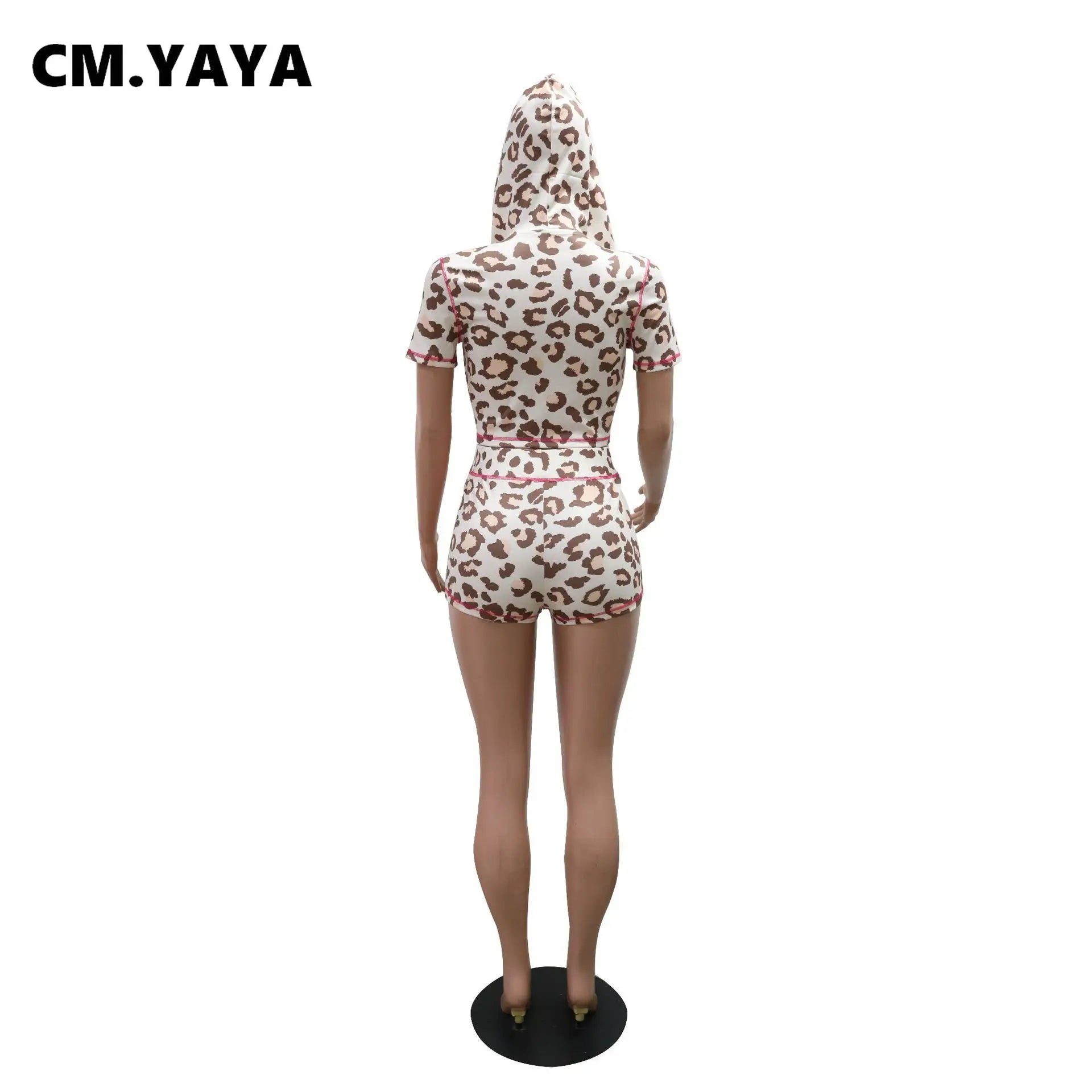 CM.YAYA Fashion Leopard Print Women's Set Short Sleeve Hoodies + Shorts Suit 2025 Streetwear Active Two 2 Piece Set Tracksuit