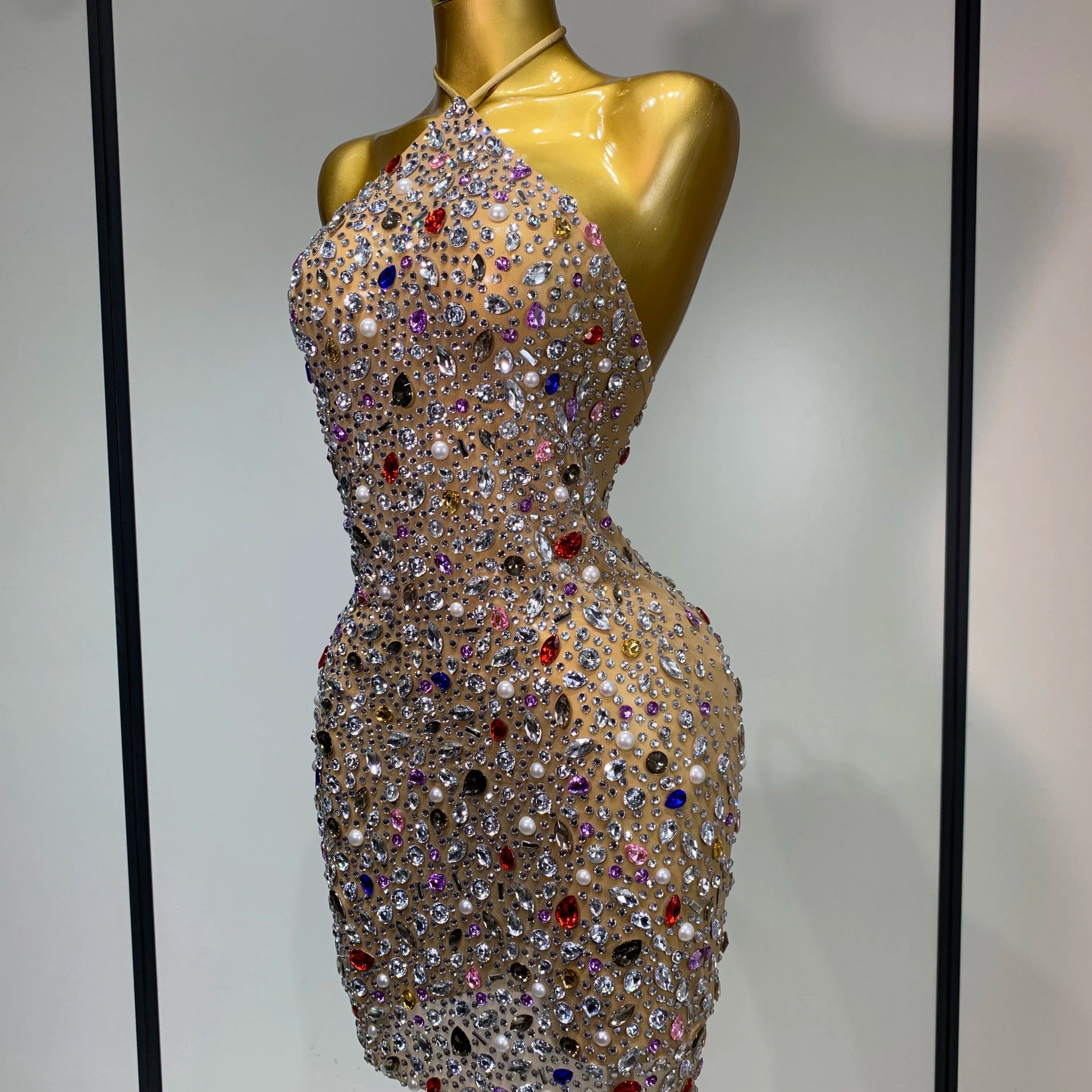 Colorful Crystals Diamond Women Sexy Halter Mesh See Through Bodycon Dress Nightclub Evening Party Celebrate Birthday Costume