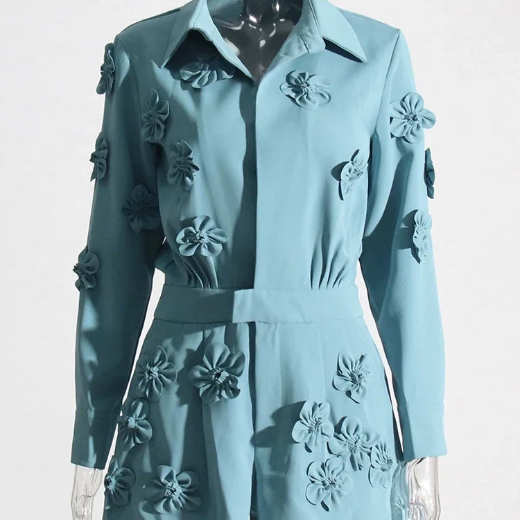 Floral Spliced Designer Casual Jumpsuits for Women Lapel Long Sleeve High Waist Temperament Office Lady Fashion Rompers Jumpsuit Blue