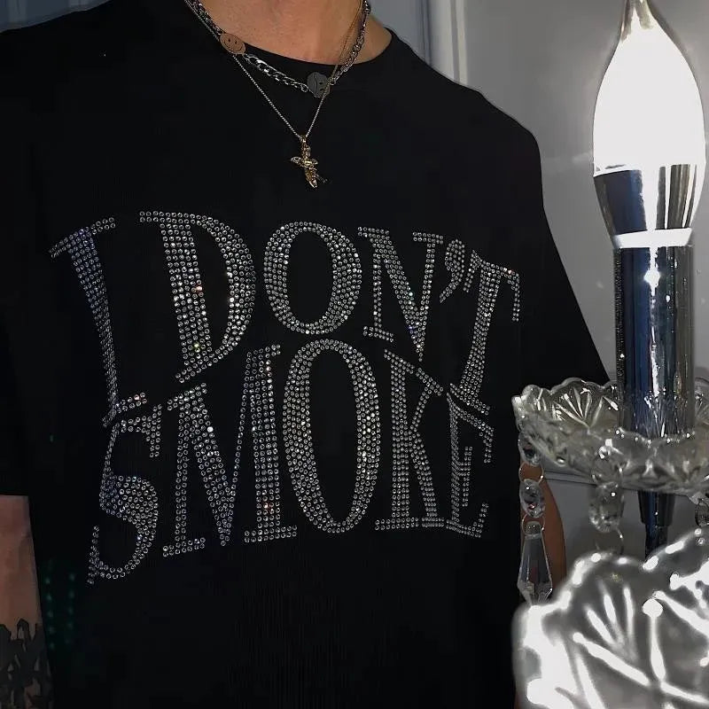 Rhinestone printing T-shirt couple men and women all-match three-dimensional logo printing short-sleeved street tide