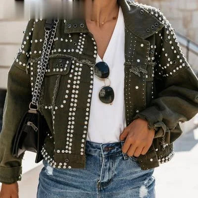 Women Outwear Studded Denim Jacket Spring Autumn Lapel Loose Single Breasted Buckle Casual Short Jeans Coats 2