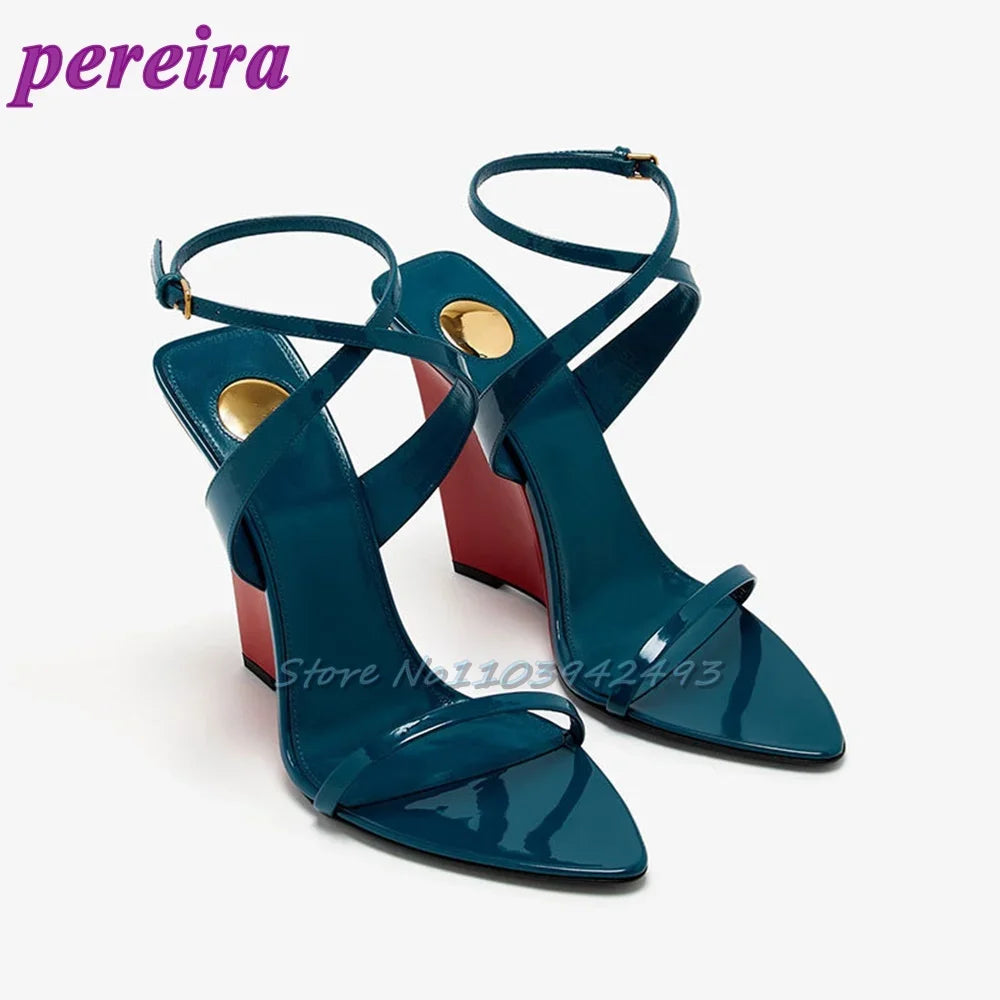 Blue Patent Leather Heeled Sandals Open Toe Shallow Zapatos De Mujer One Strap Luxury High Heels Designer Wedges Shoes 2025