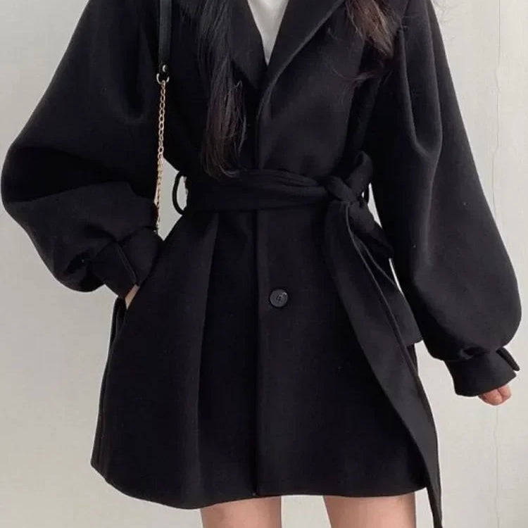 Thick Female Trench Warm Jackets Turn-down Collar Long Puff Sleeve Clothes Autumn Elegant Belt Coat Women Chic Midi Top