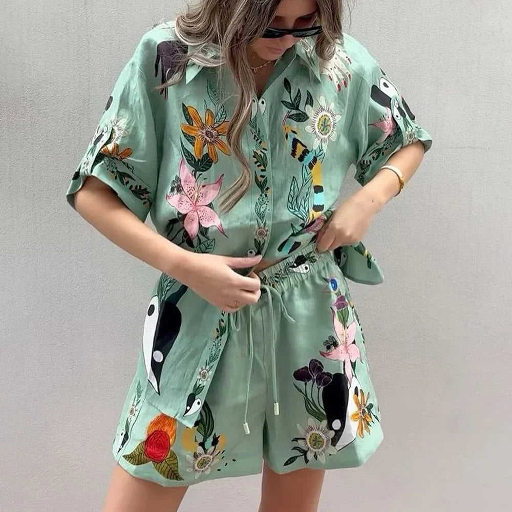 Womens 2 Piece Outfits Summer New Lounge Vacation Sets Loose Fitting Print Short Sleeve Lapel Button T-Shirt With Shorts Set