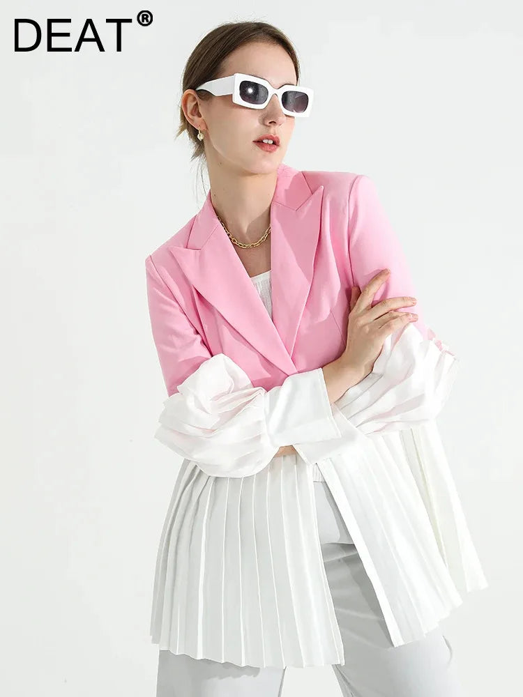 DEAT Fashion Women's Blazer Notched Collar Single Button Spliced Pleate Contrast Colors Suit Jackets Spring New Tide 7AB008