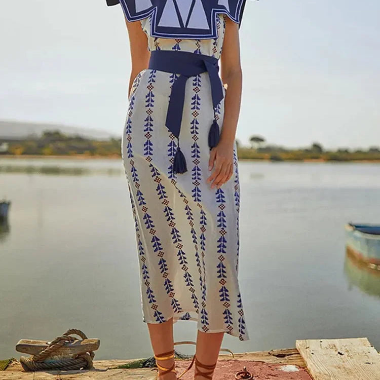 Fashion Lapel Flying Sleeve Print Dress Women Loose O Neck With Tassels Belt Midi Dresses Spring Elegant Female Party Vestidos Blue