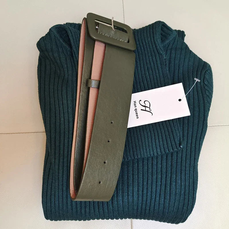 H Han Queen Knitted Turtleneck Sweater Bodycon Dress Bottoming Women Soft Elastic Autumn Winter Midi Party Dresses With Belt green One Size
