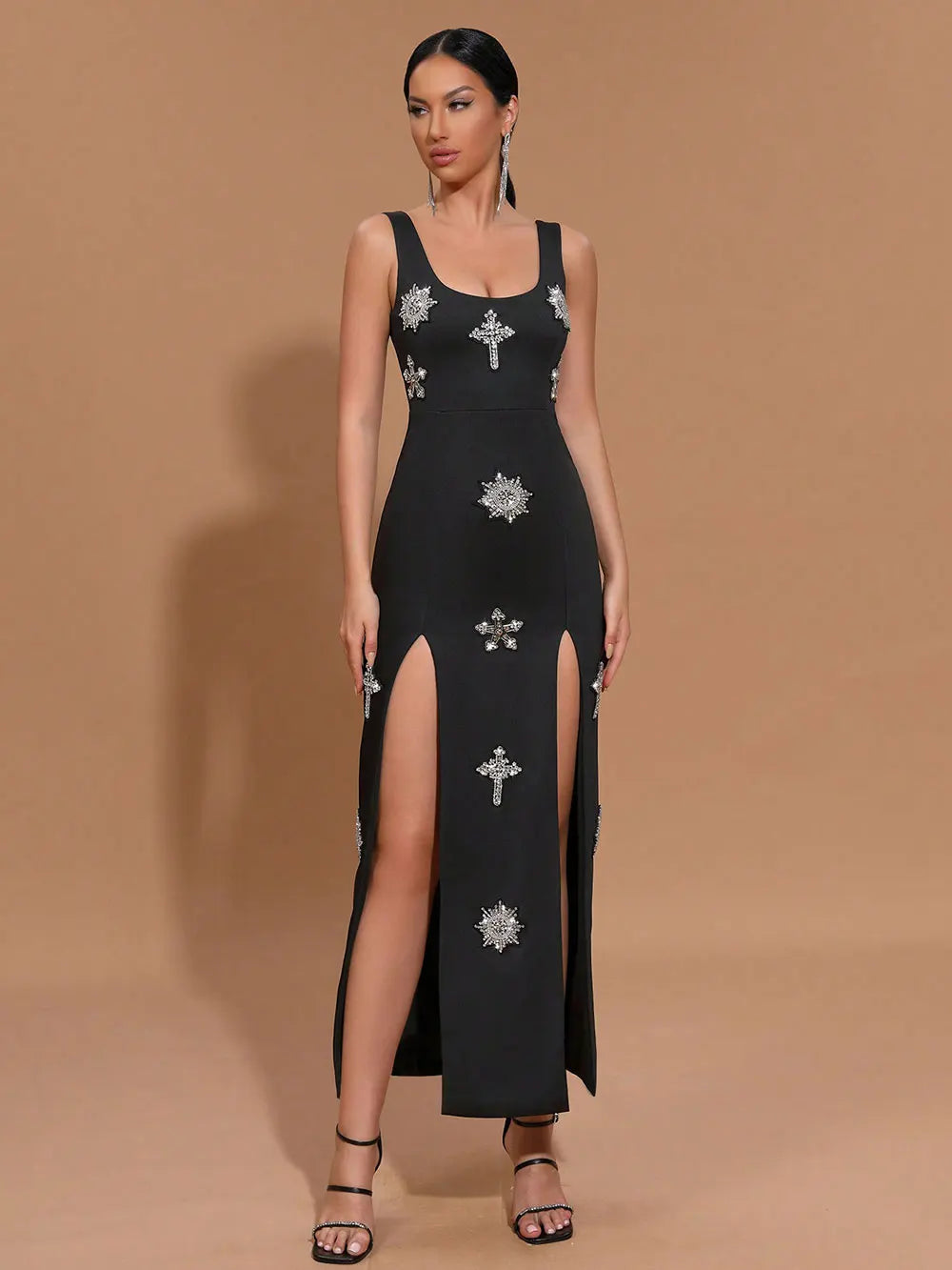 2025 Sexy Women's Light Luxury Nail Diamond Design Split Bandage Dress O-Neck Sleeveless Bodycon Black Long Dress Party Vestidos