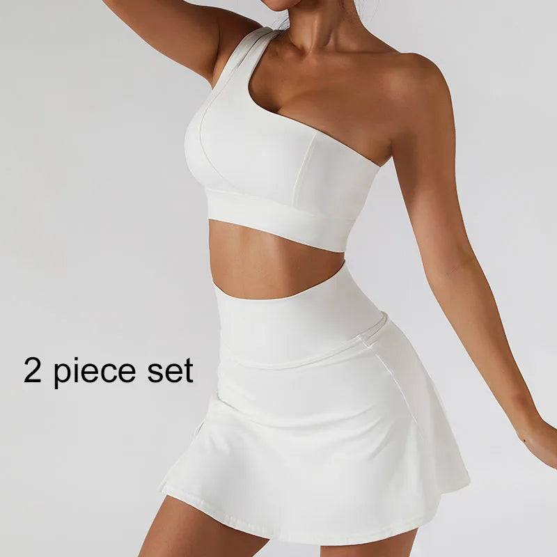 Yoga Skirt Set Women Workout Sport Gym Wear Suit High Wais Fitness Crop Top Female Tennis Sportswear One Shoulder Bra White-Set