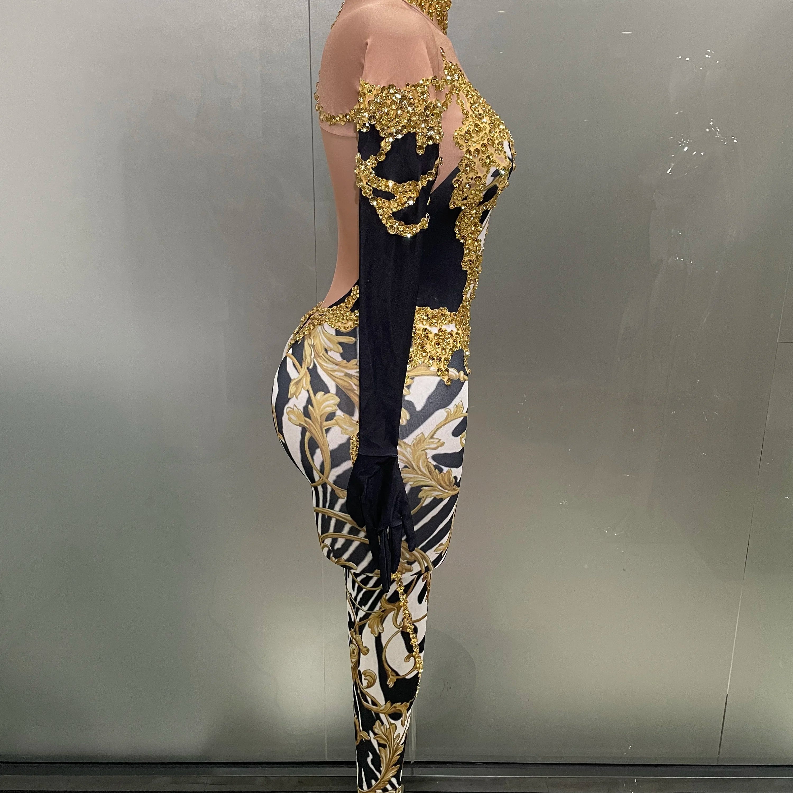 Sparkly Gold Rhinestones Jumpsuit With Gloves 2025 New Women Sexy Printed Party Nightclub Bar Singer Stage Performance Costume
