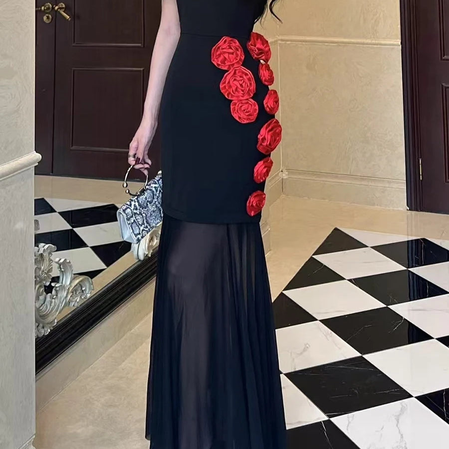 TWOTWINSTYLE Hit Color Slimming Spliced 3D Flower Elegant Dresses for Women Round Neck Short Sleeves Dress Femlae Clothing New