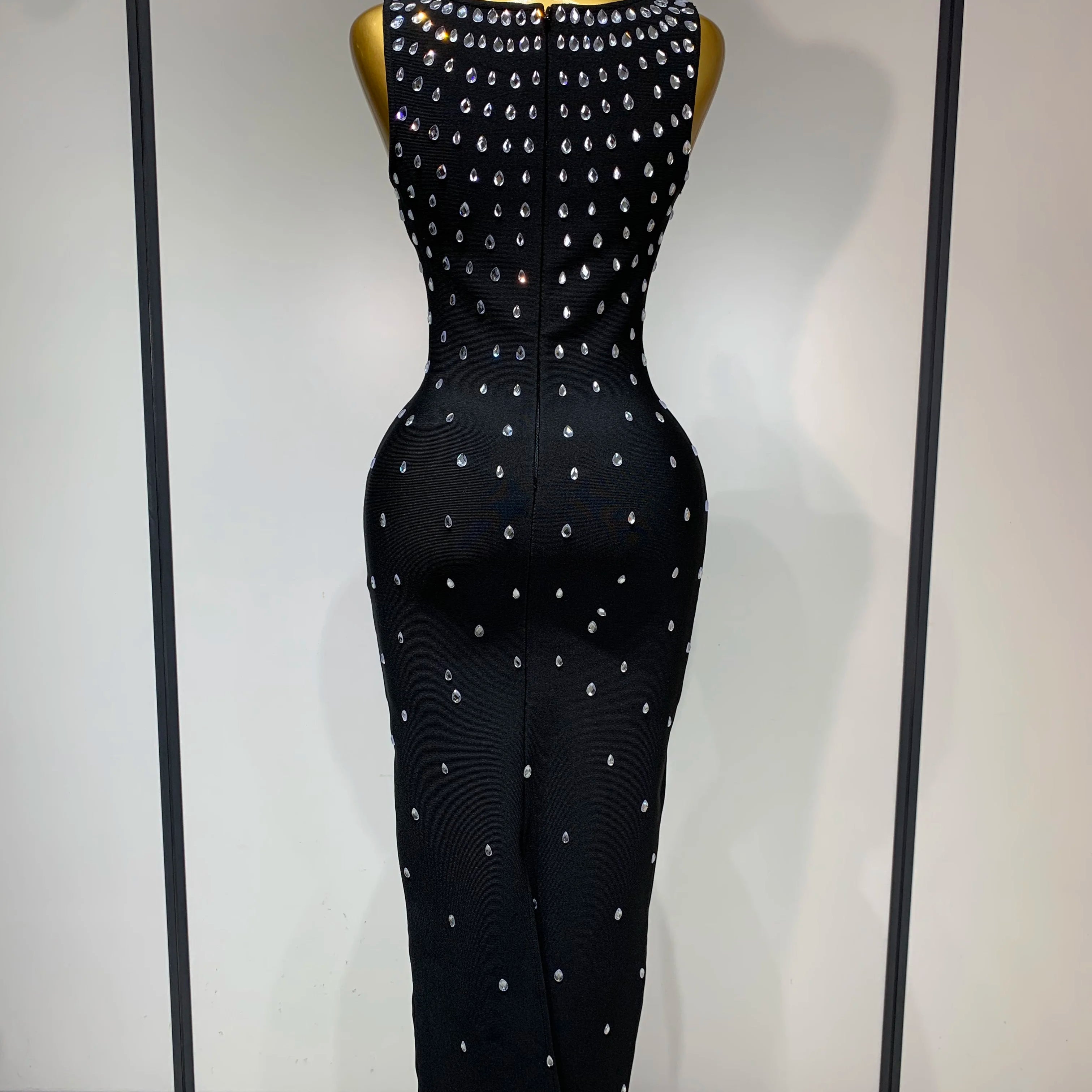 Luxury Rhinestone Bandage Long Dress Elastic Sleeveless Bodycon High Street Evening Club Party Elegant Birthday Prom Gowns