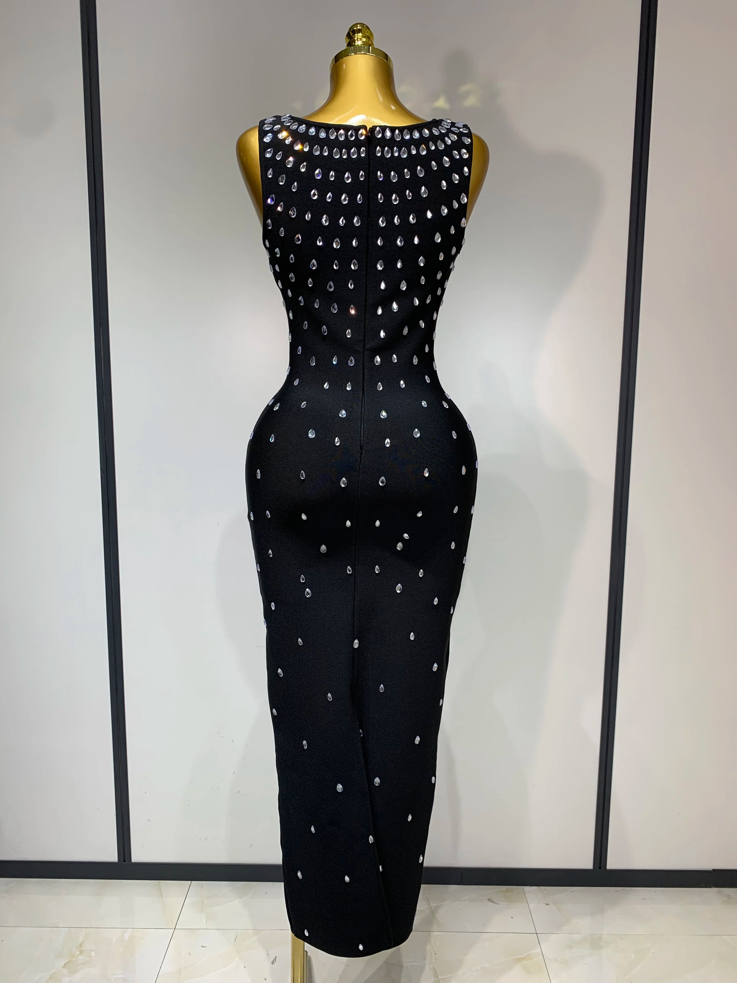 Luxury Rhinestone Bandage Long Dress Elastic Sleeveless Bodycon High Street Evening Club Party Elegant Birthday Prom Gowns