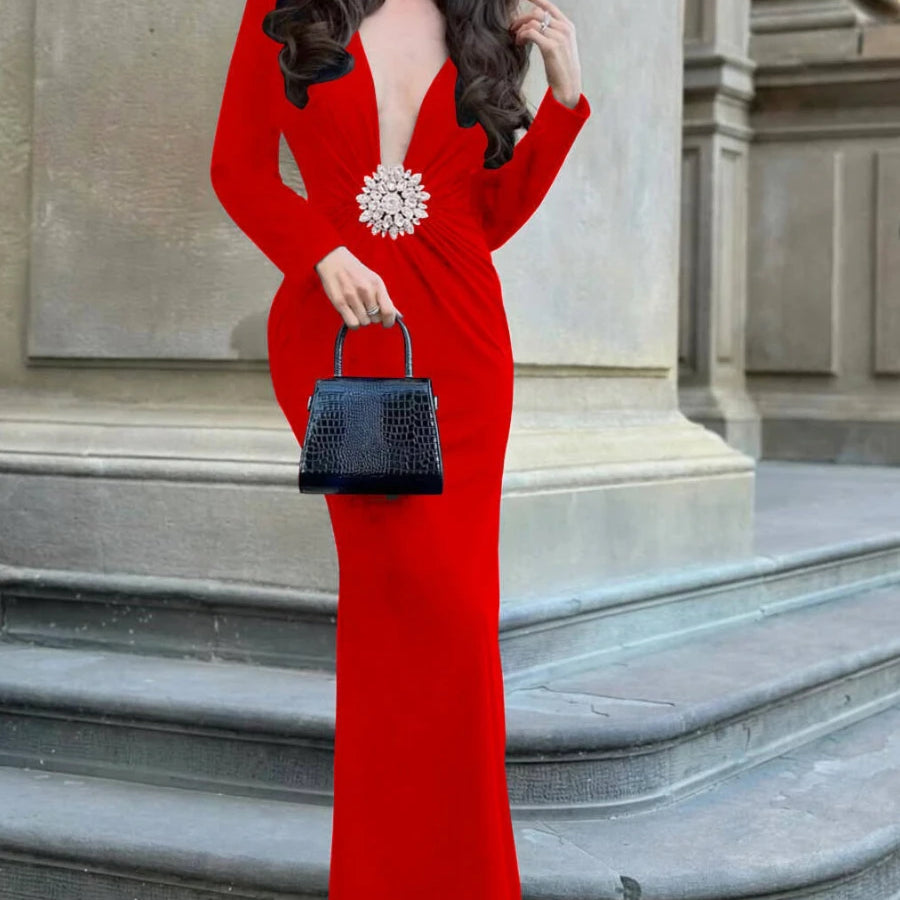 TWOTWINSTYLE Solid Slimming Spliced 3D Flower Dresses for Women V Neck Long Sleeves Temperament Dress Female Fashion Clothing