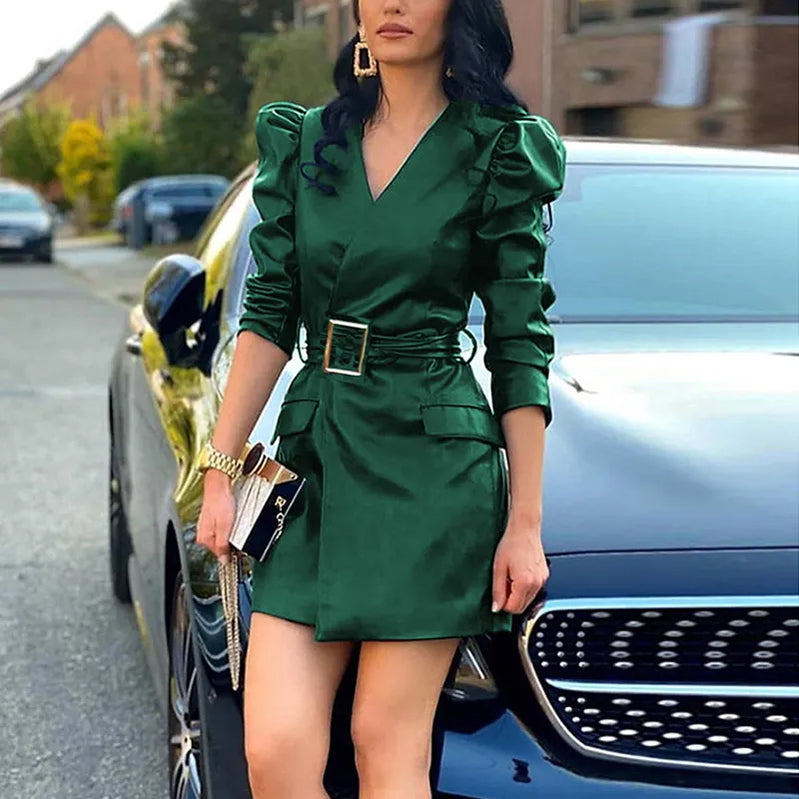 Autumn Winter Lady Fashion PU Leather Short Dress New Solid Color Casual Long Sleeves Mid Waist Elegant Belt Slim Party Dresses Green