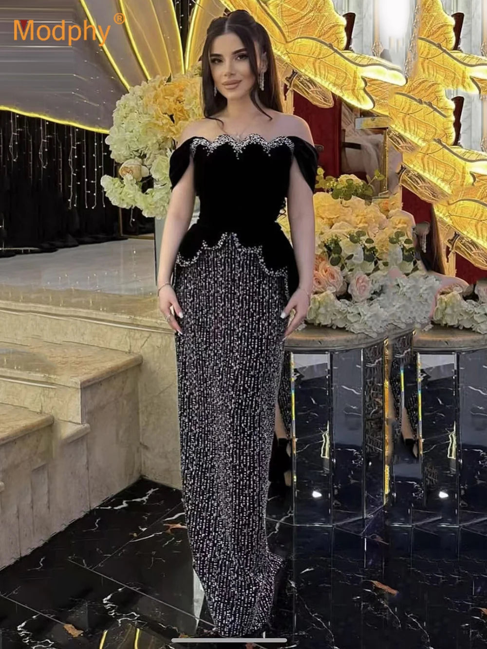 Women Sexy Off Shoulder Pearl Diamond Black Maxi Long Bandage Two Piece Set 2025 Elegant Evening Club Party Prom Gowns