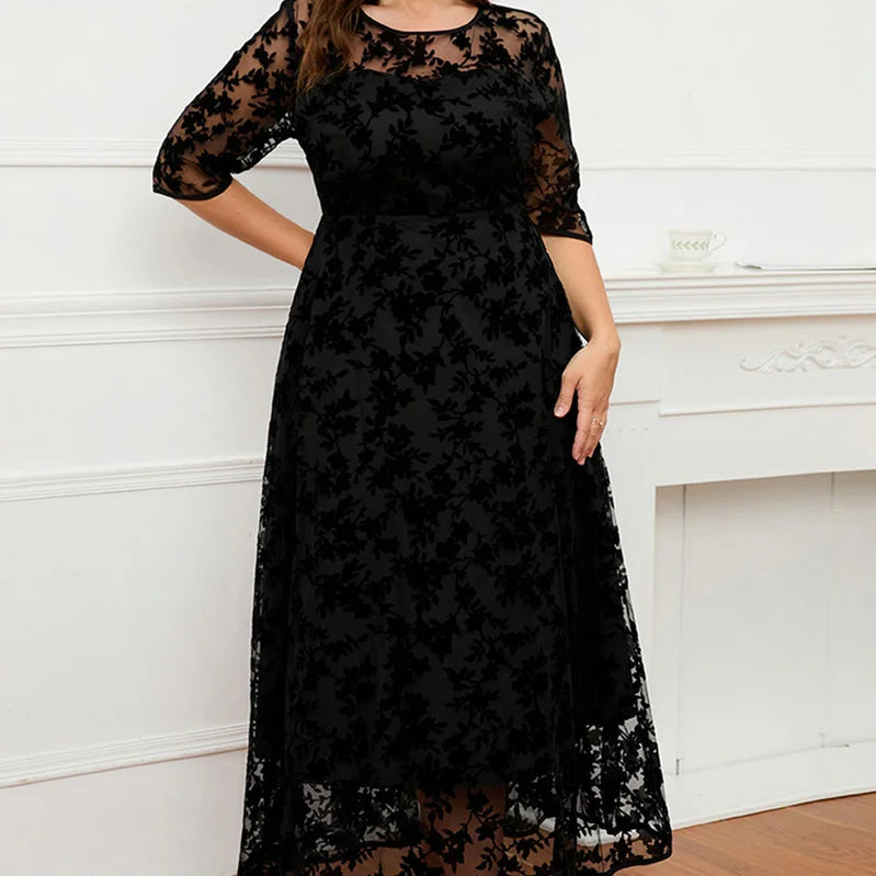 Women A-Line Dress Plus Size Lace Flocking Mesh Velvet Double Layer Tunic Embroidery Elegant Half Sleeve Spring Maxi Dress
