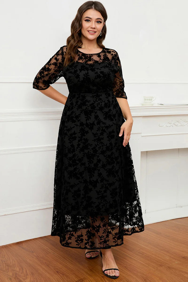 Women A-Line Dress Plus Size Lace Flocking Mesh Velvet Double Layer Tunic Embroidery Elegant Half Sleeve Spring Maxi Dress