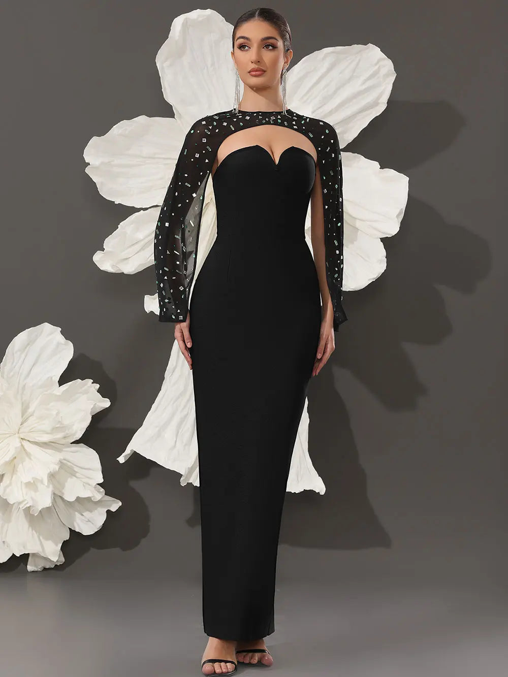 2025 Sexy Women's Light Luxury Nail Bead Shawl+Strapless Sleeveless Bandage Dress Set Fashion Bodycon Long Dress Party Vestidos