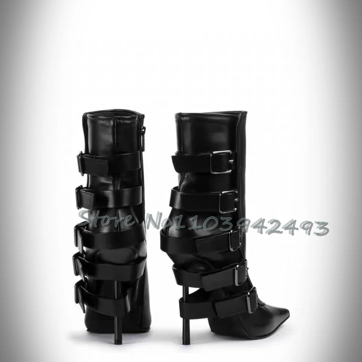 Stylish Brown Strappy Boots Pointed Toe High Heels Mid-calf Chunky Heel Fashion Women's Shoes Black Chic Buckle Outer 2025 New