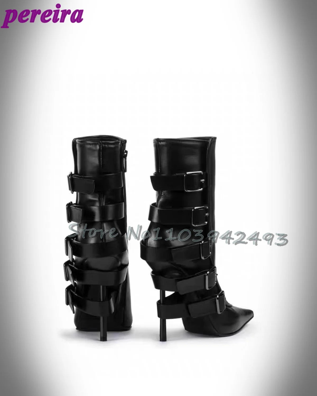 Stylish Brown Strappy Boots Pointed Toe High Heels Mid-calf Chunky Heel Fashion Women's Shoes Black Chic Buckle Outer 2025 New