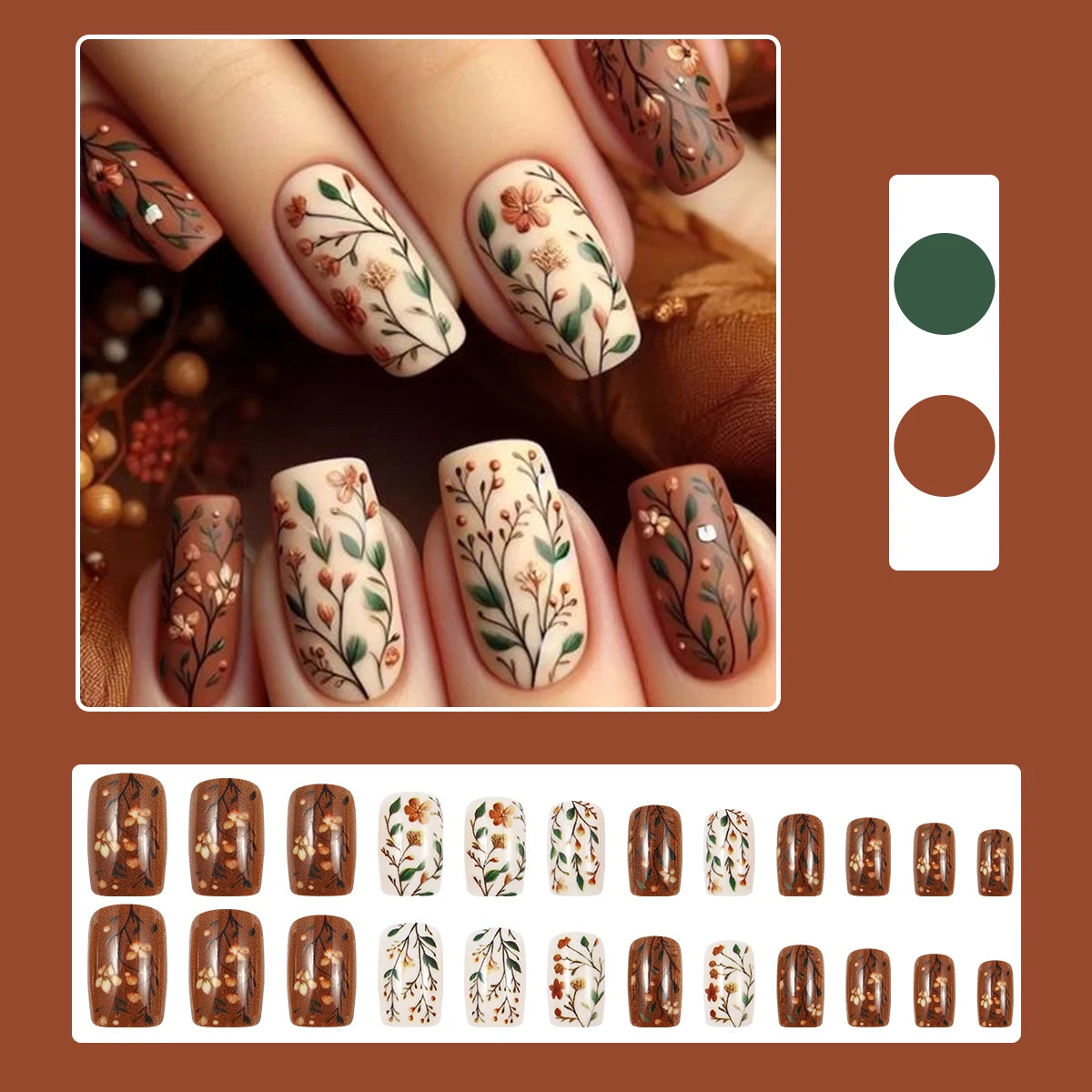 24Pcs Short Square Head Fake Nails Leaf False Nails with Flowers Simple French Tips Wearable Summer Full Cover Press on Nails