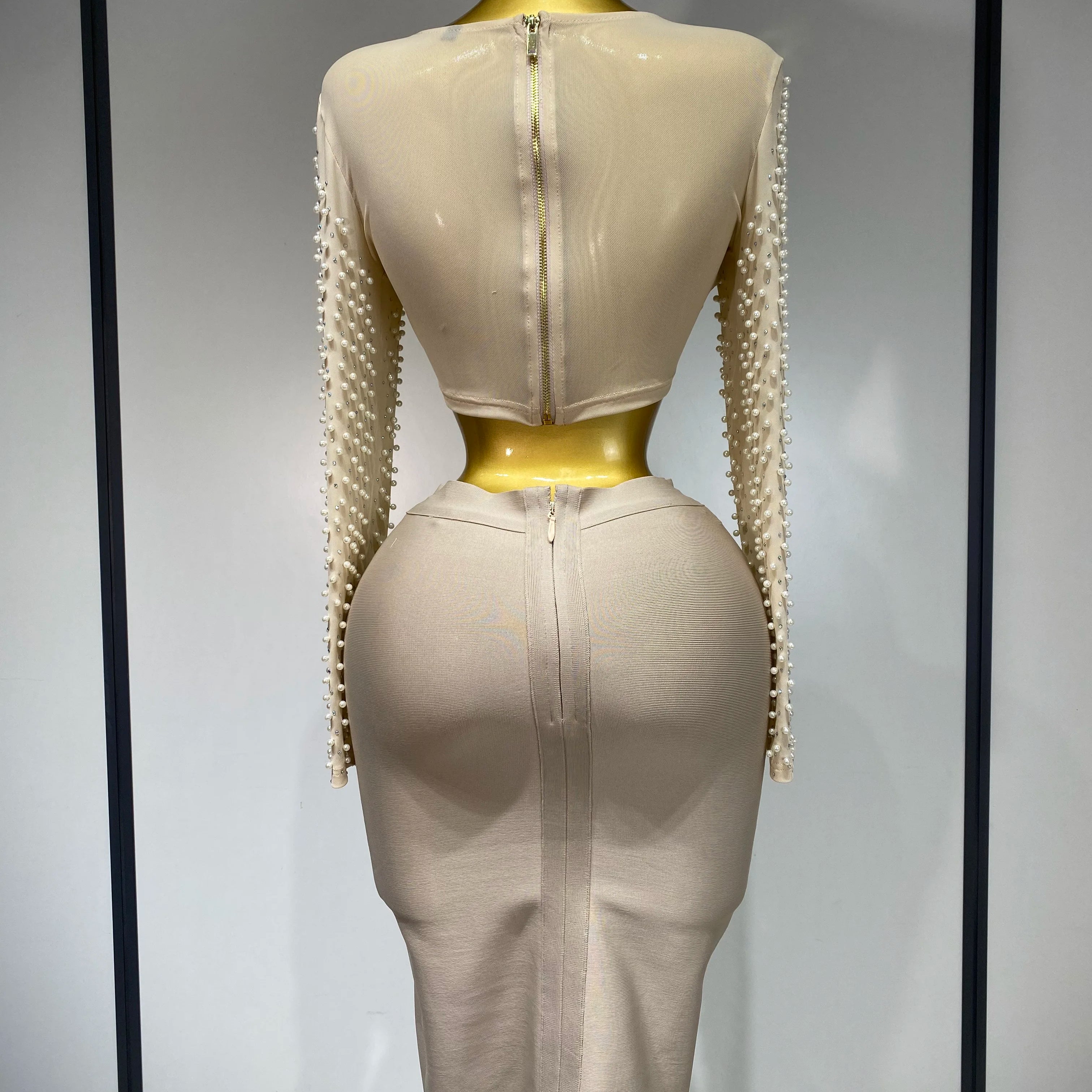 Women Sexy Long Sleeve Mesh Pearl Top Celebrity Midi Women Bandage Set 2025 Designer Evening Party Luxury Birthday Two Piece Set