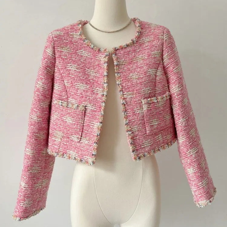 High Street French Vintage Small Fragrant Tweed Jacket For Women Luxury Runway Korean Fashion Woolen Short Coats Jaqueta Casacos Pink