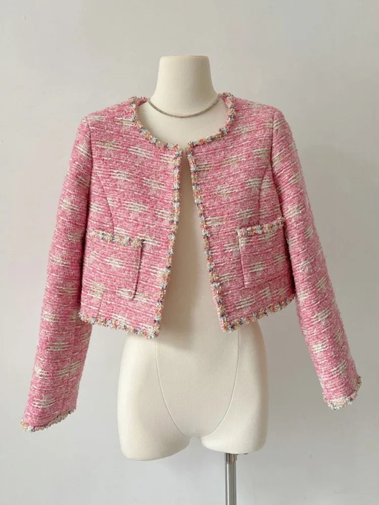 High Street French Vintage Small Fragrant Tweed Jacket For Women Luxury Runway Korean Fashion Woolen Short Coats Jaqueta Casacos Pink