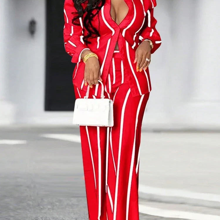 Plus Size 5XL VONDA 2025 Women Pants Sets Matching Sets Vintage Striped Shirt Trouser Casual Two-Piece Sets Office Lady Suits