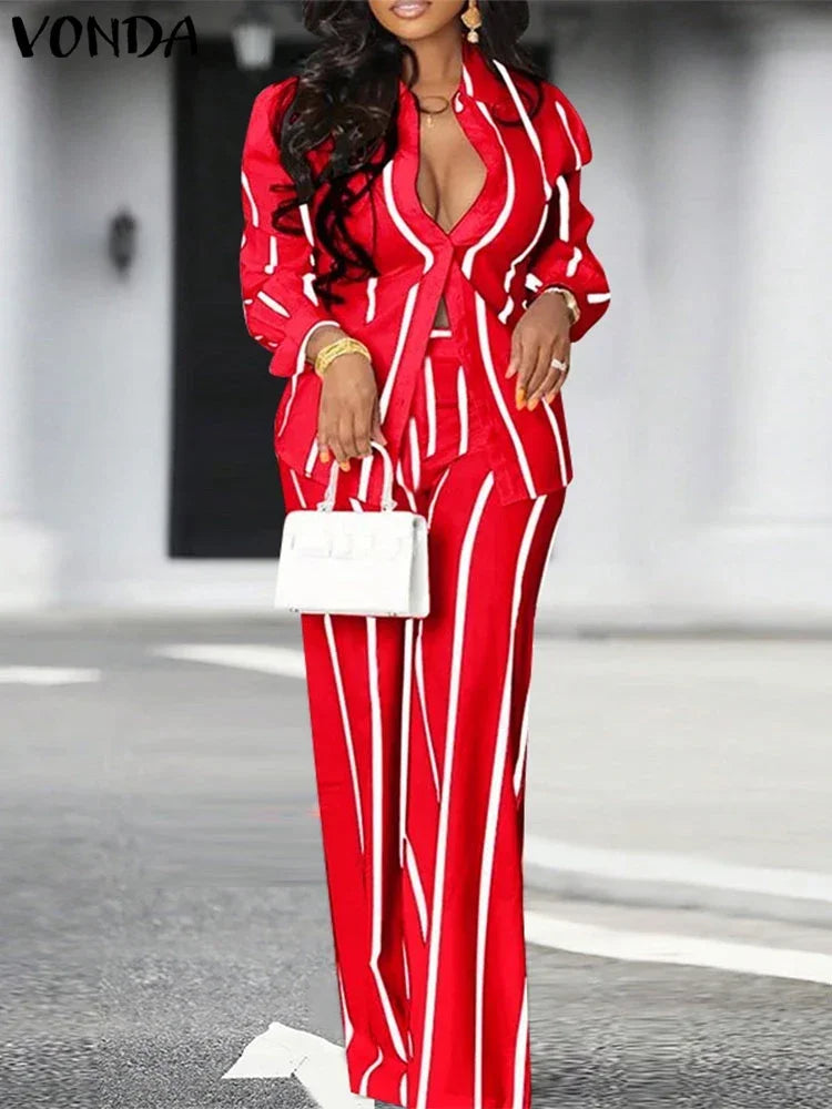 Plus Size 5XL VONDA 2025 Women Pants Sets Matching Sets Vintage Striped Shirt Trouser Casual Two-Piece Sets Office Lady Suits