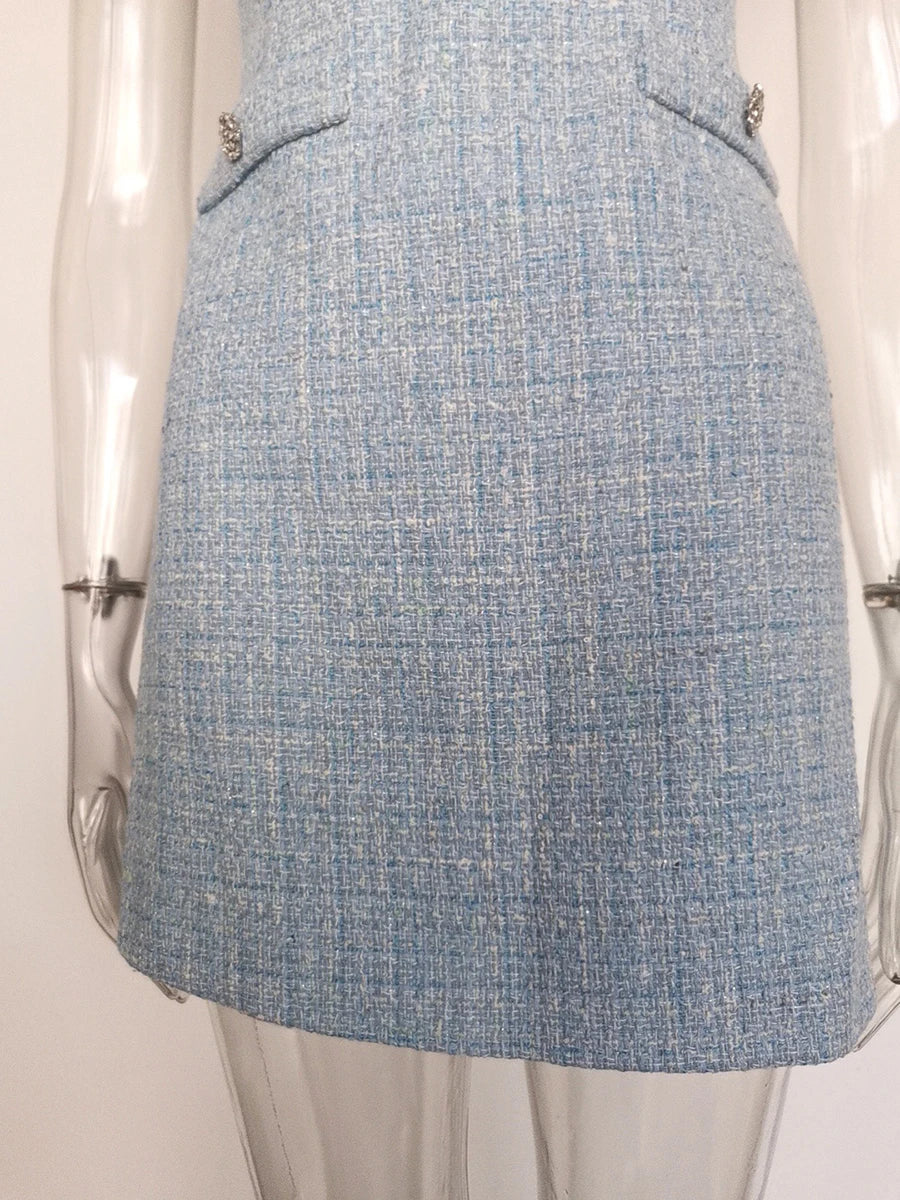 TWOTWINSTYLE Solid Slimming Spliced Button Dresses for Women Round Neck Sleevless Temperament Mini Dress Female Fashion Clothing