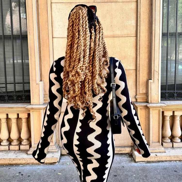 Tossy Striped Contrast Color Knit Maxi Bodycon Dress Boho High Waisted Hollow Out Slim Dresses Women Holiday Dresses Vestidos