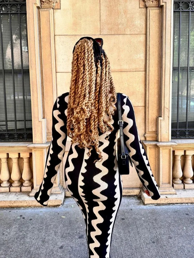 Tossy Striped Contrast Color Knit Maxi Bodycon Dress Boho High Waisted Hollow Out Slim Dresses Women Holiday Dresses Vestidos