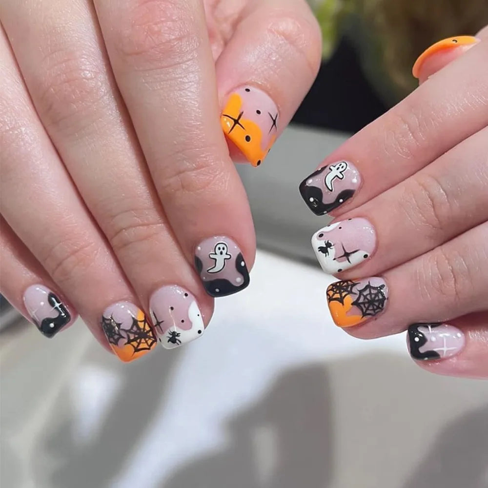 24Pcs Short Square False Nails Dark Forest Castle Design Press on Fake Nails Halloween Reusable Artificial Full Cover Nails Tips