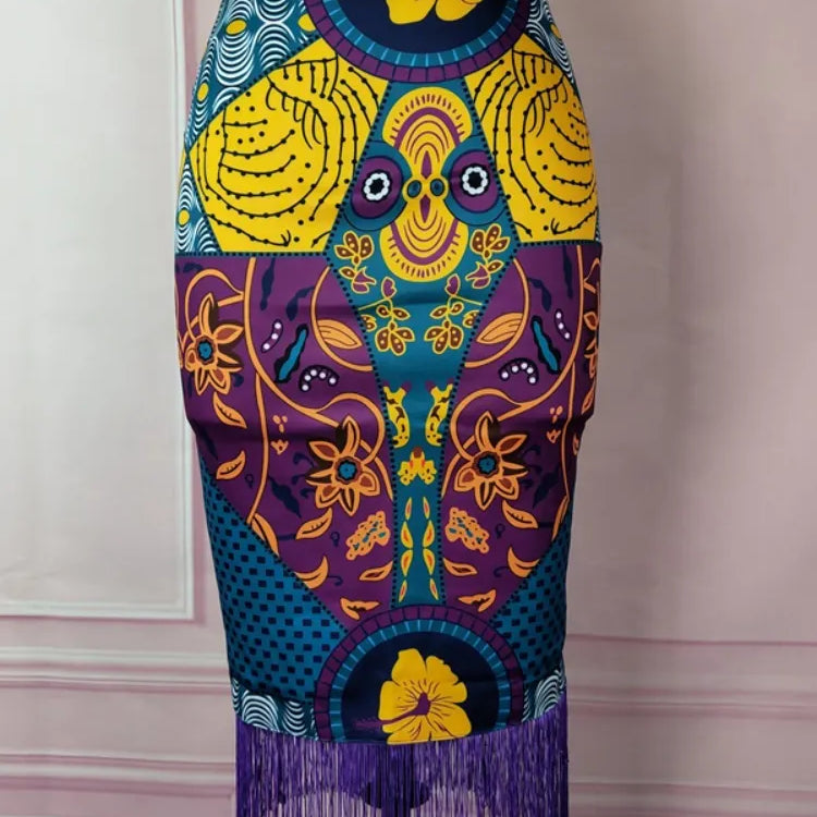 Women Summer Print Skirt Vintage Floral African Fashion High Waist Tassel Classy Modest Elegant Retro Jupes Falads Drop Shipping