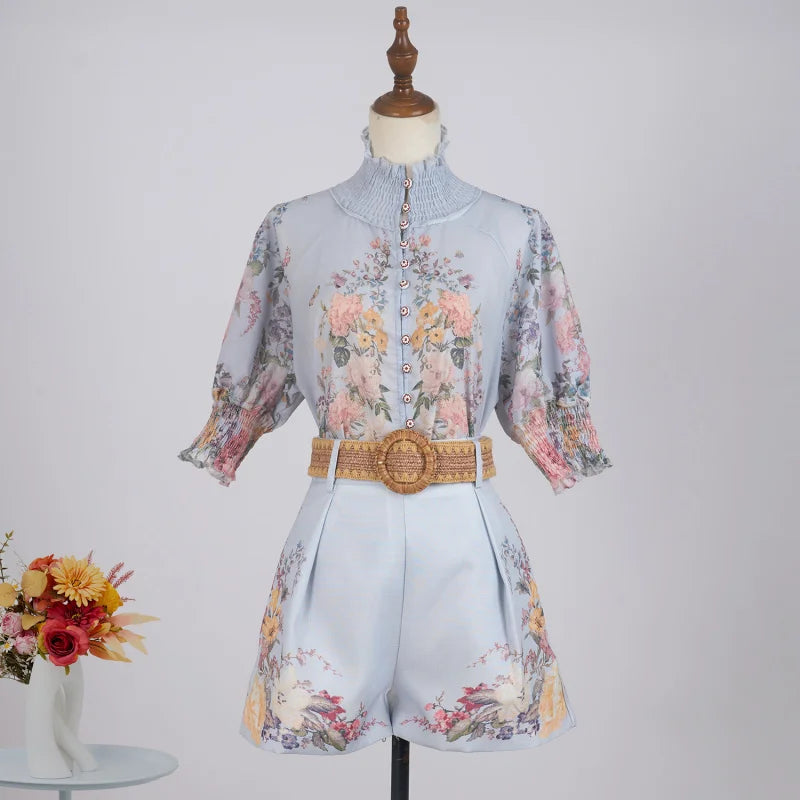 Shot Spot Australian Design Positioning Printing Single-Breasted Cotton and Linen High-End Puff Sleeve Shirt Shorts with Be