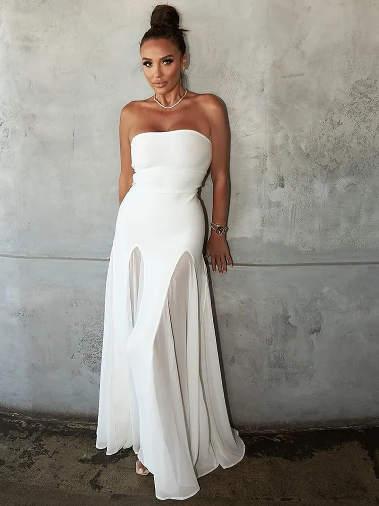 Women Celebrity Sexy Strapless Backless Mesh Maxi Long Bodycon Bandage Dress 2025 Elegant Evening Club Party Outfit